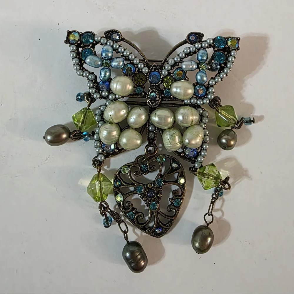 Vtg Butterfly Freshwater Pearl Crystal Brooch - Picture 1 of 6
